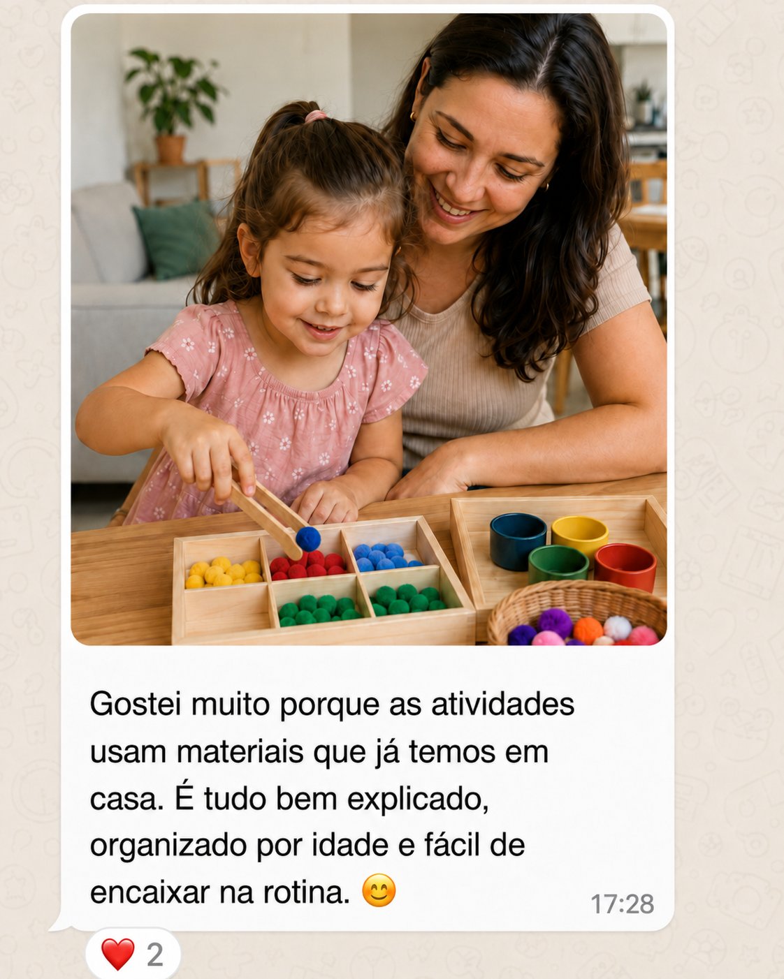Print de WhatsApp: mãe elogia atividades com materiais de casa